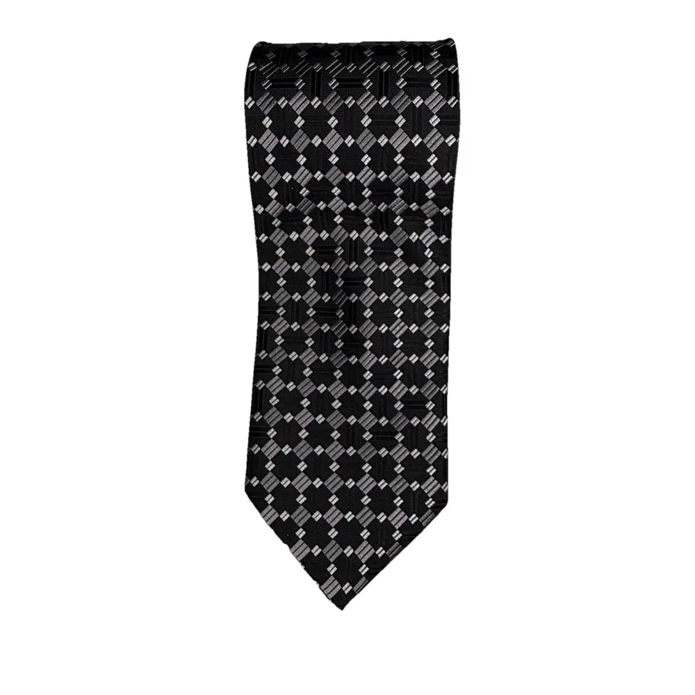 Renzo Mens Geometric Pattern Necktie Black Gray 100% Silk Handmade Checkered Tie